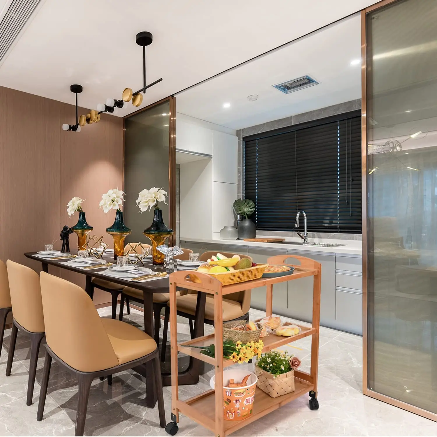 Bamboo Mobile Kitchen Trolley with 4 Lockable Wheels Wooden Storage Organizer Cart Bamboo Kitchen Serving Cart