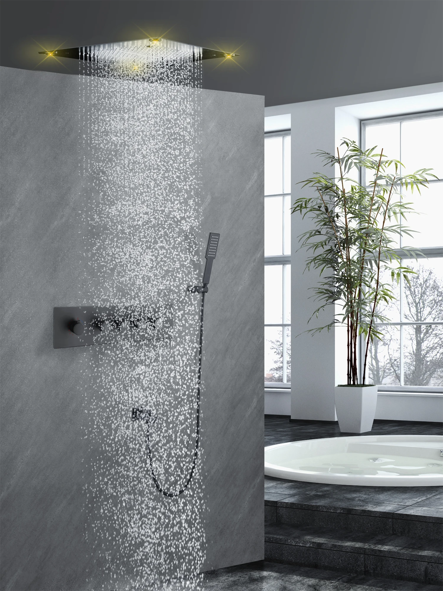 Luxury Thermostatic Big Shower Set LED Rainfall Waterfall Shower Head Massage Body Jets Handheld Shower