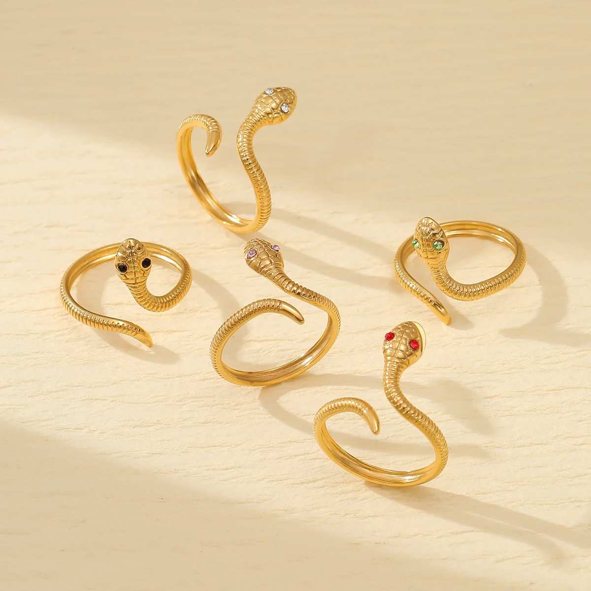 Personality Serpentine Snake Ring 18K PVD Gold Plated Stainless Steel Snake Eye Zircon Adjustable Open Ring Women Jewelry