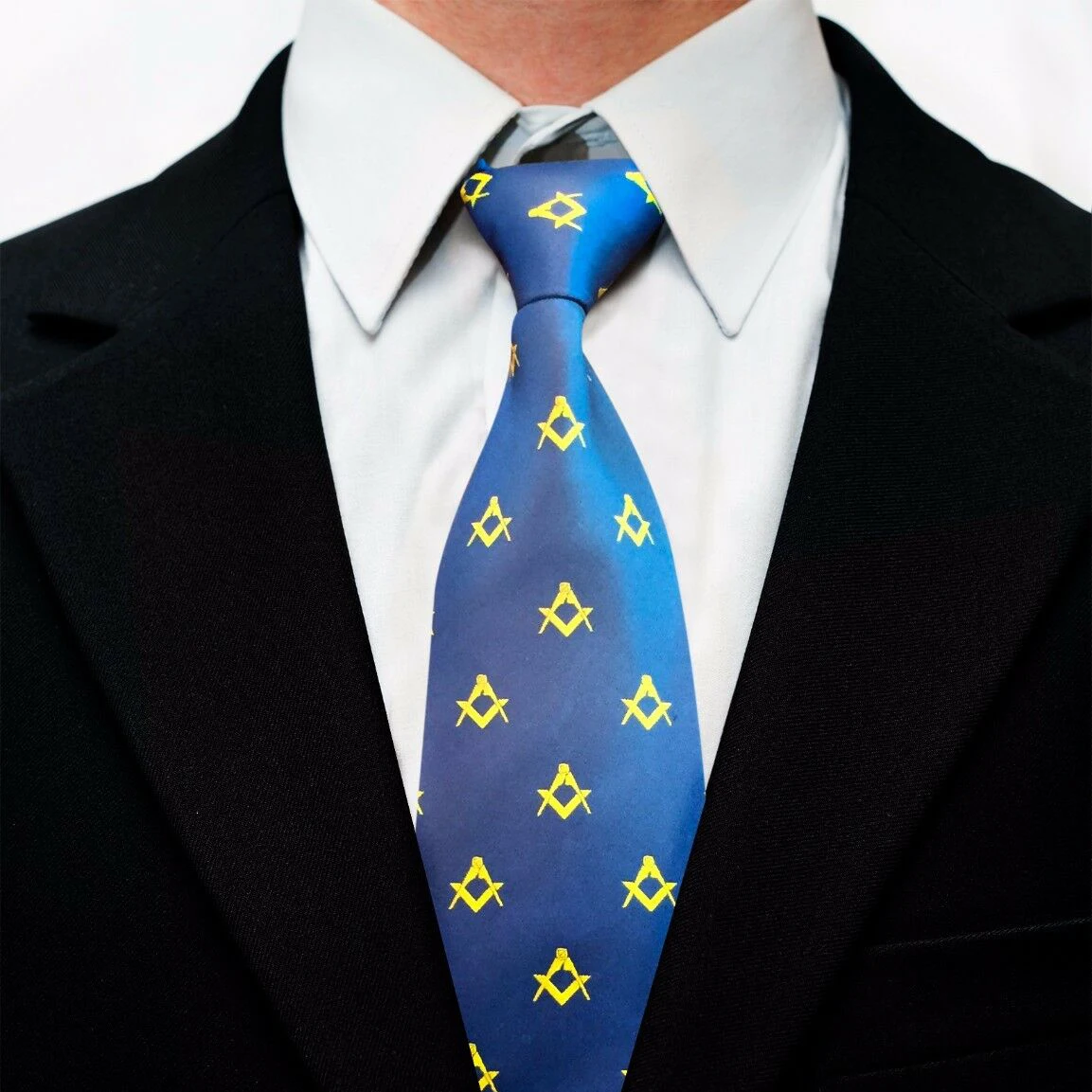 Blue and Yellow Square & Compass Design Masonic Logo Necktie Microfiber Polyester Woven with Jacquard Pattern