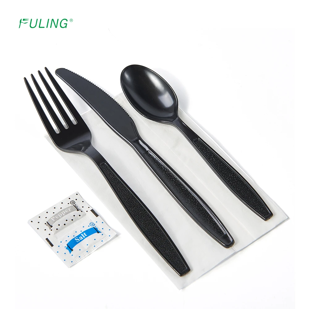 Fuling 6 In1 Heavy Weight PS Disposable dinnerware sets custom black fork and spoon knife plastic cutlery kit with napkin