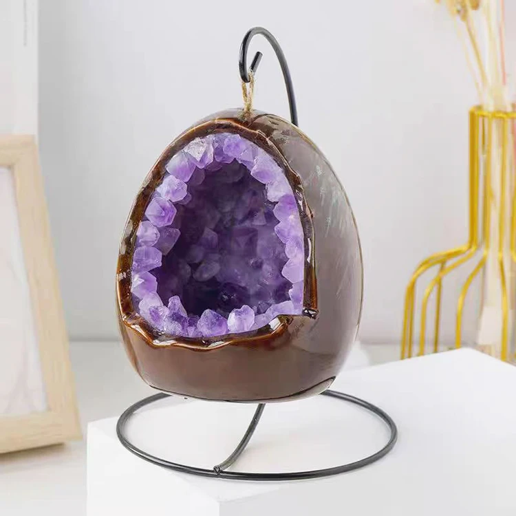 DIY Natural Crystal Handicrafts Amethyst Tooth Flower Dinosaur Egg Lamp for Home Decoration