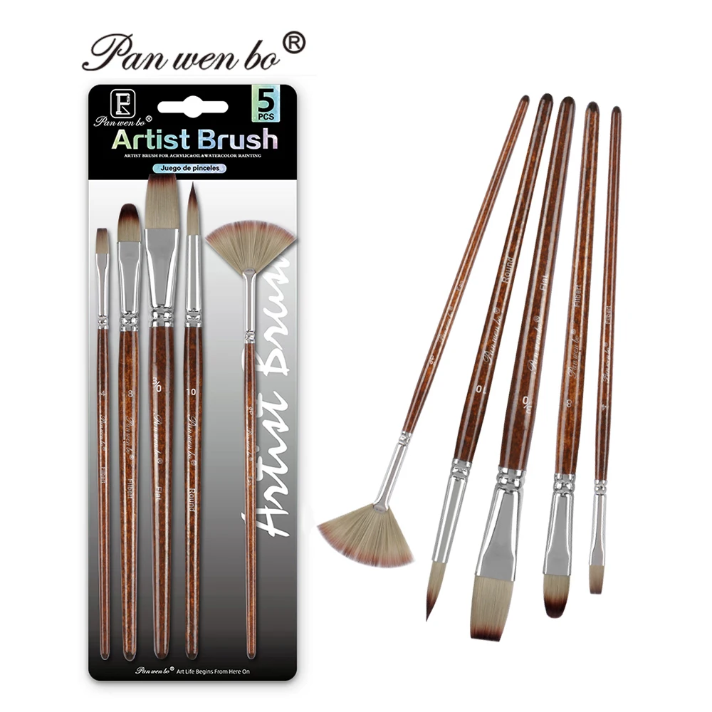 Panwenbo Art Materials 5Pcs Reddish Brown Handle Professional Artist Brushes Set Master Grade Painting Brushes For Art