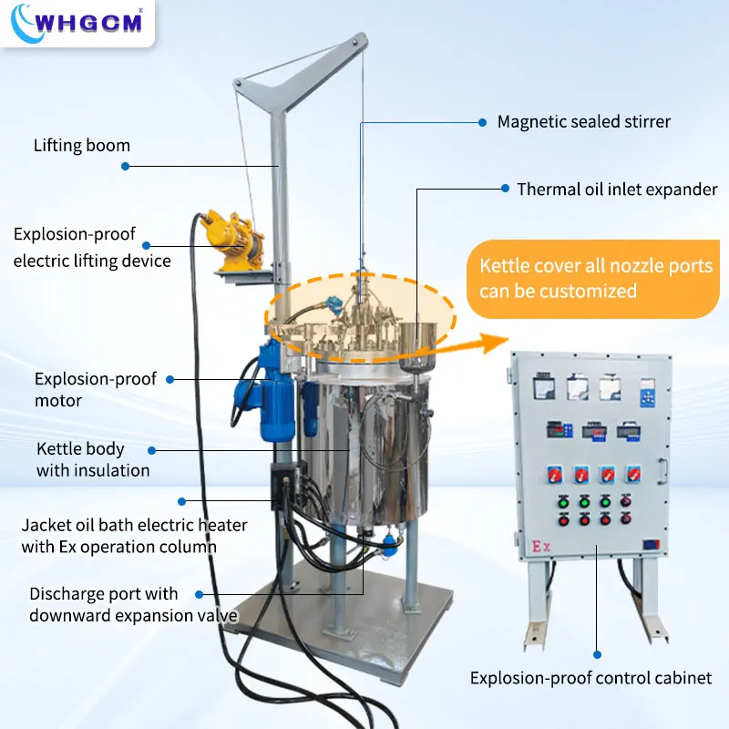 50L Magnetic sealed Stainless steel cladding plate  Reactor with electrical lifting device for easy operation