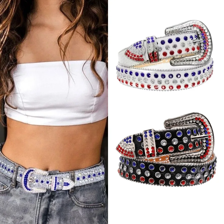 1.5 Inches Crystal Studded belt buckle with rhinestone Custom Glitter PU Leather Belts rhinestone belt woman
