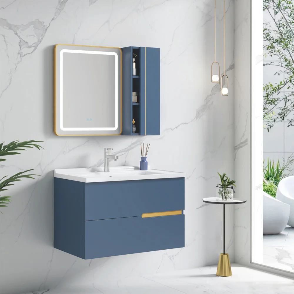 Modern Design Blue Artificial Stone Bathroom Furniture Sintered Stone Sinks Mirrored Floating Cabinet