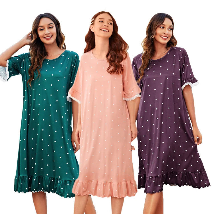 Viscose from Bamboo Custom Woman Night Dress Polka Dot Night Gown Ruffle Lace Trim Nightgown