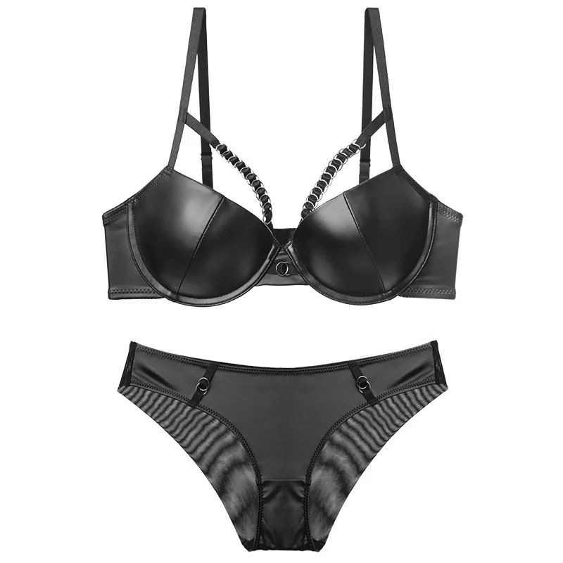 2022 Custom Push Up 2 Piece Temptation Black Panty And Bra Set Leather Sexy Lingerie Ladies Padded Bra & Brief Sets
