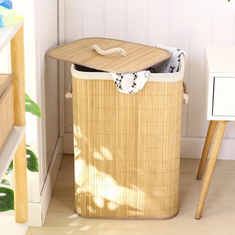 New Minimalist Handmade Woven Bamboo Storage Bucket woven foldable Dirty Clothes laundry Storage Basket with lid For Home Hotel