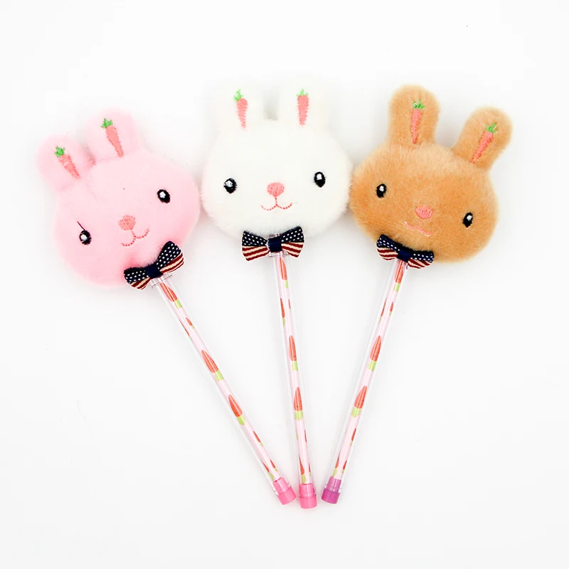 Novelty Hot Sales Kawaii Stationery Cute Fluffy Pom Animal Rabbit Fur Bunny Ears Plush Ballpoint Pen