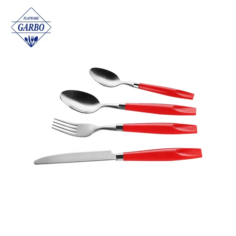 Wholesale Africa style stainless steel silver cutlery flatware set spoon dinner eating tool set with colored PP plastic handle
