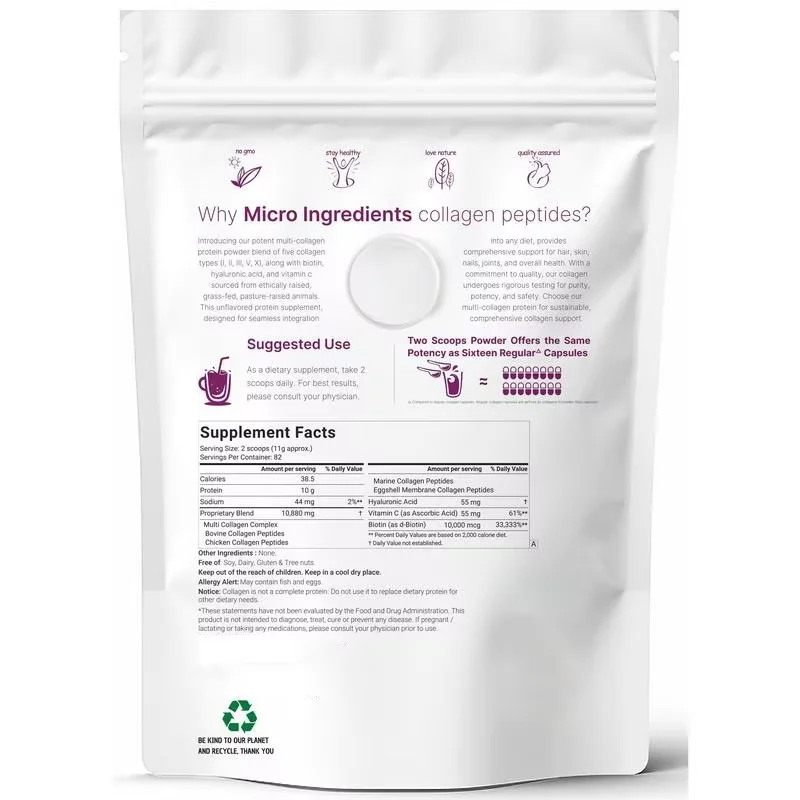 Multi Collagen Peptides Powder Hydrolyzed Protein Peptides with Hyaluronic Acid Biotin & Vitamin C Skin Joint Support Supplement