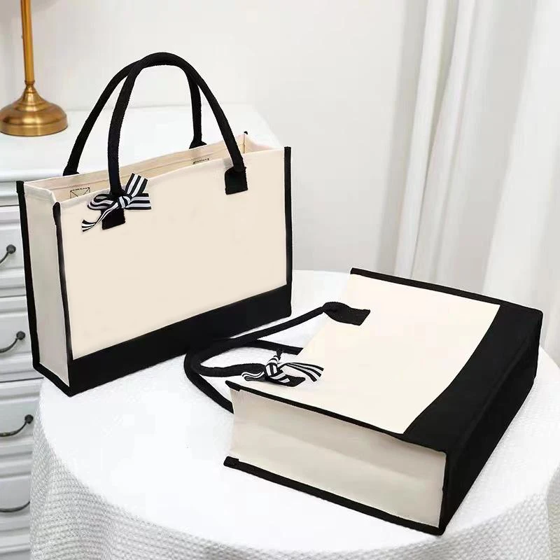 New Fashionable Multi Purpose Cream Color Women Handbags Cotton Shopping Beach Bag Two-tone Canvas Tote Bag Wit Black Handles