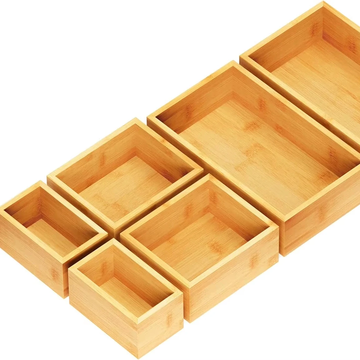 6 Pcs Bamboo Drawer Organizer Storage Box Set, Multi-Use Drawer Organizer Bin for Kitchen, Bathroom, Office Desk