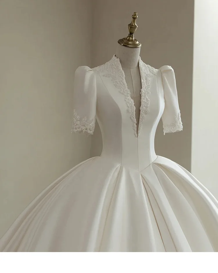 French Tulle Lace Fabric for Wedding Dress 2024 New Bride with Train Wedding Dresses Short Sleeve V-neck Satin Wedding Dresses