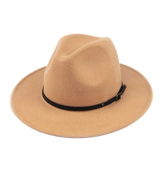 wool Felt Fedora Hat Men Women Wool Felt Wide Brim Belt Buckle Panama Jazz Hat with Leather Band