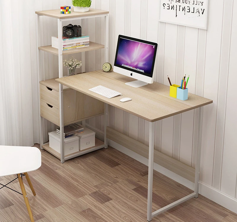 Wooden Office Desk Study Writing Home Steel Wood Desktop Computer Table with Shelf and Drawers