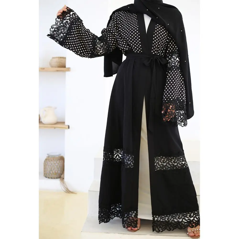 
2020 Latest design cardigan wholesale muslim pearl dress velvet Dubai kimono open abaya 