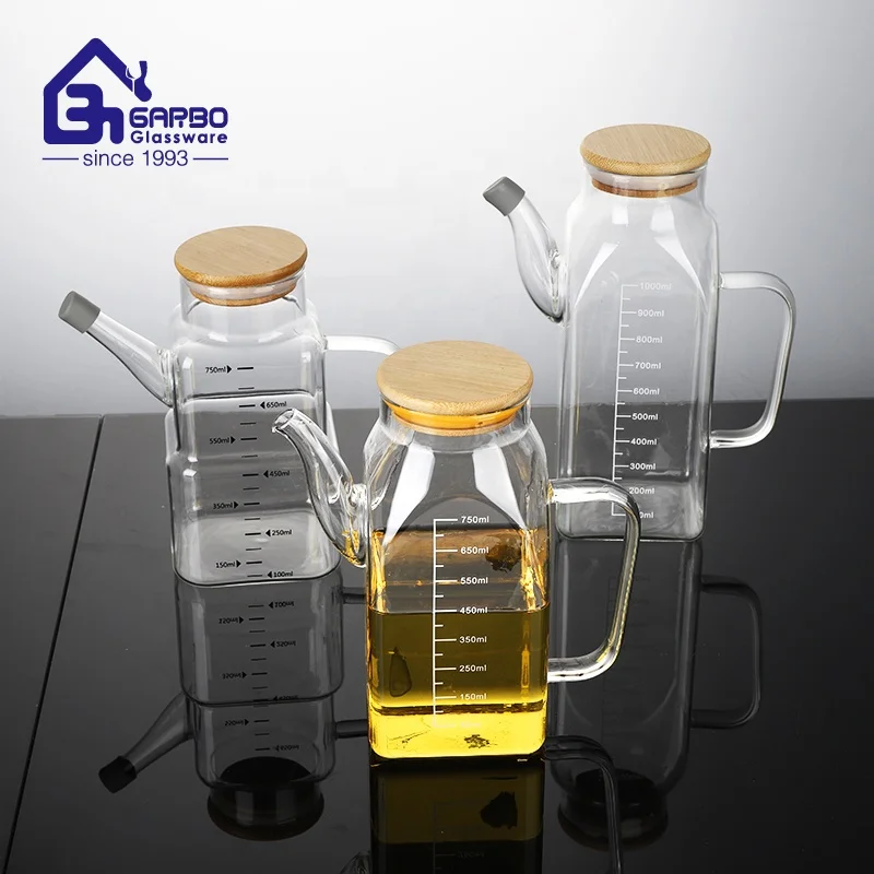 elegant different size borosilicate glass Oil bottle long tube seasoning bottle with bamboo lids Teapot Juice Bottle with Scale