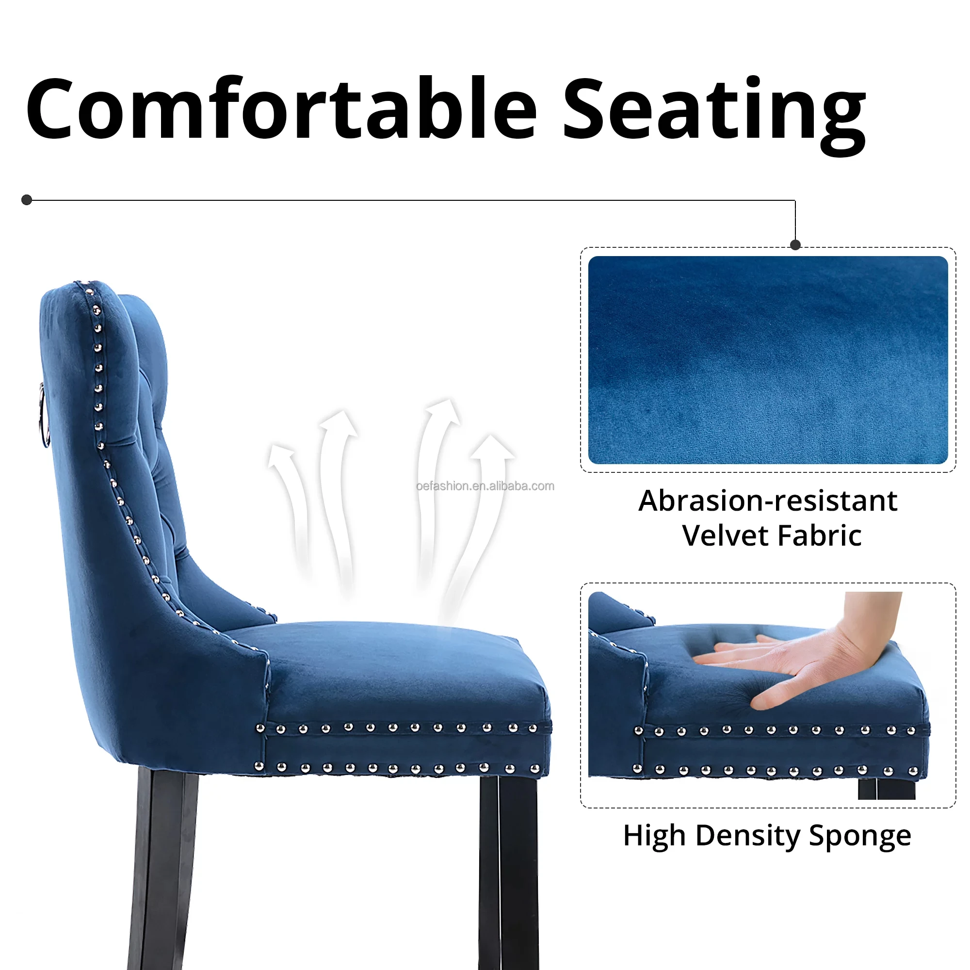 OE-FASHION Wholesale Modern Luxury Blue velvet  High Counter Height  Wooden Bar Stools For Kitchen