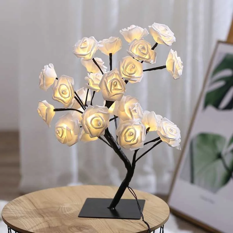 Biumart Hot Sale LED Rose Tree Lamp Romantic Flower Table Lamps Night Light for Wedding Christmas Home Decoration
