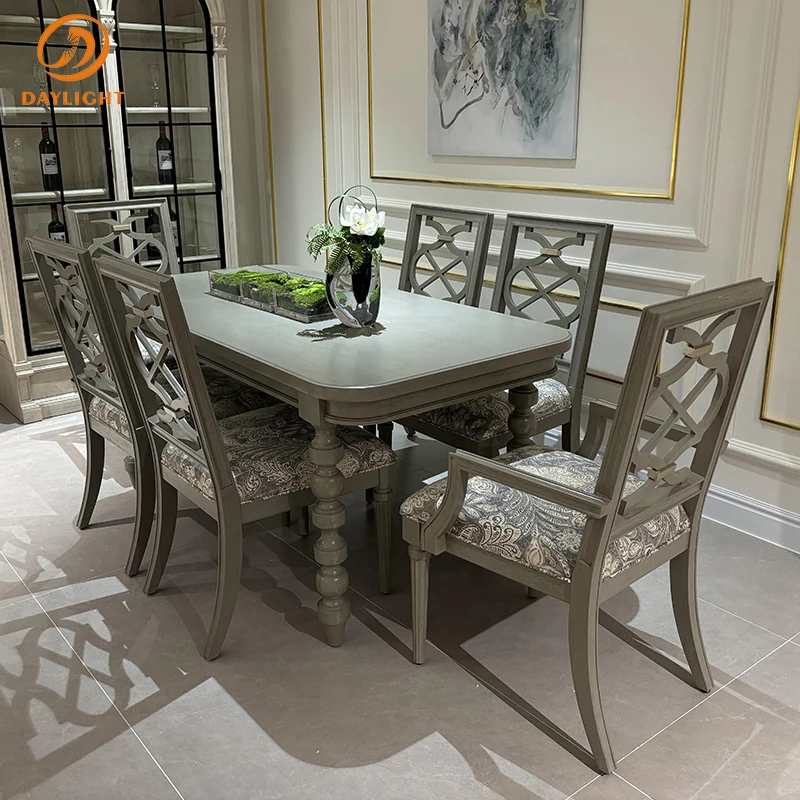 Vintage Marble High-End Wooden Hotel Solid Dining Chair Set European Customizable Luxury Classic Furniture Antique Villa Table