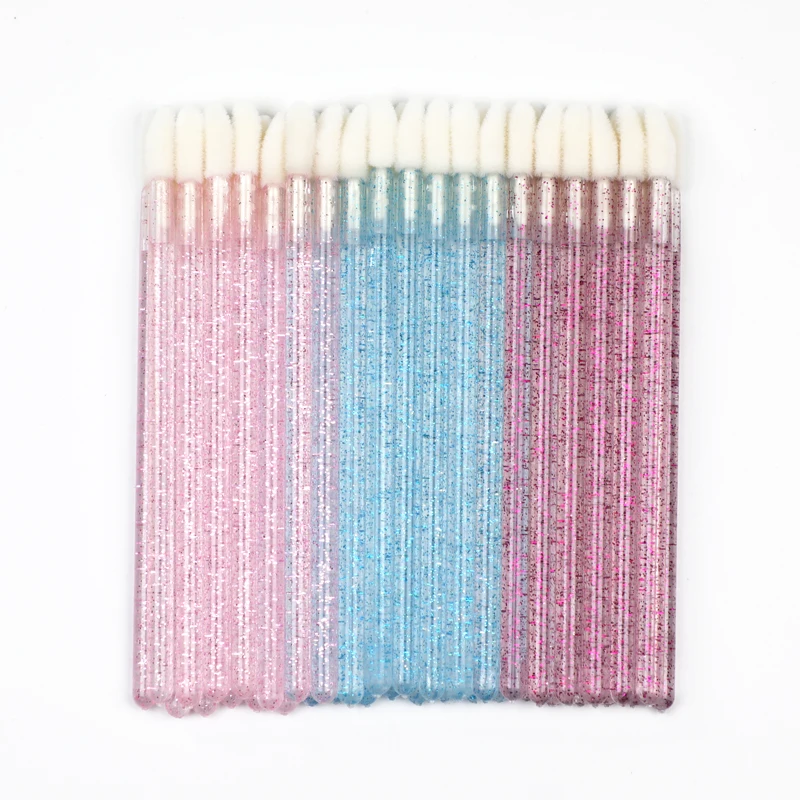 Wholesales Glitter Flocked Head 50 Pack Disposable Lip Gloss Brushes Lipstick Wands Applicator for Makeup Brush Women Girls