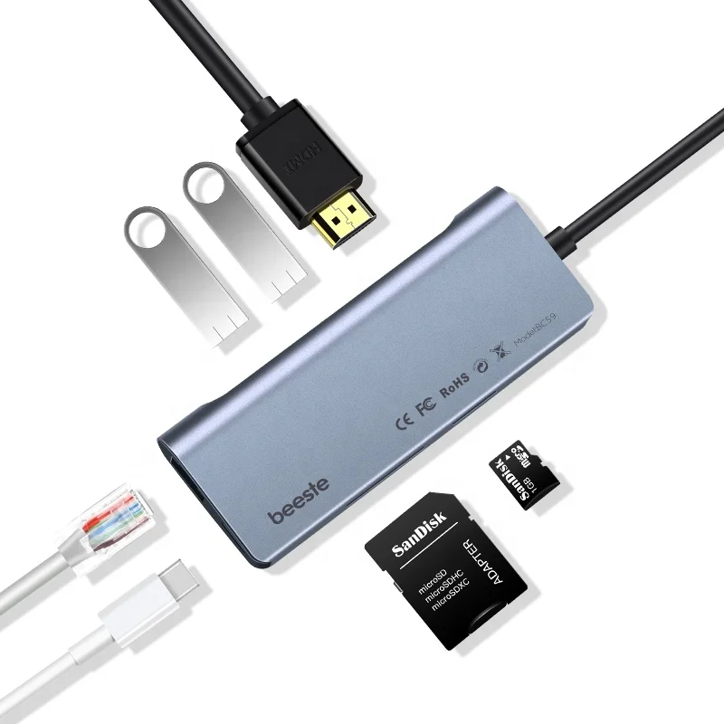 
Beeste 7 in 1 laptop multifunction docking station type c to TF / SD card reader 2 X USB 3.0 usb c hub with ethernet 