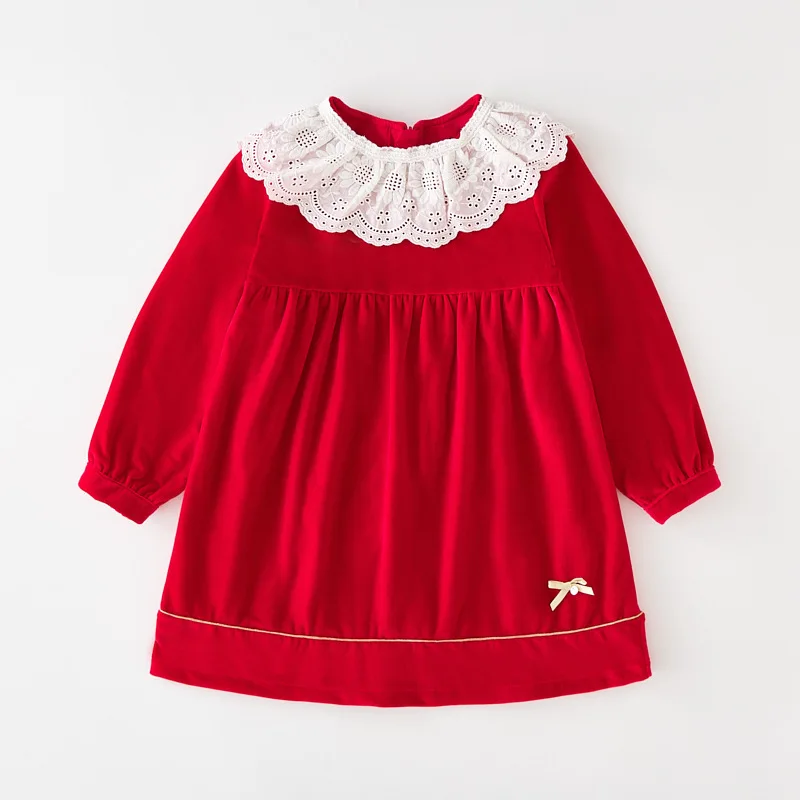 dg063 Christmas red green little baby girls velvet dresses infant toddler kids lace ruffles dress princess clothing