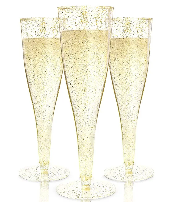 Plastic Disposable Champagne Flute Gold Glitter Plastic Champagne Cups for Parties Mimosa Bar Wedding and Shower