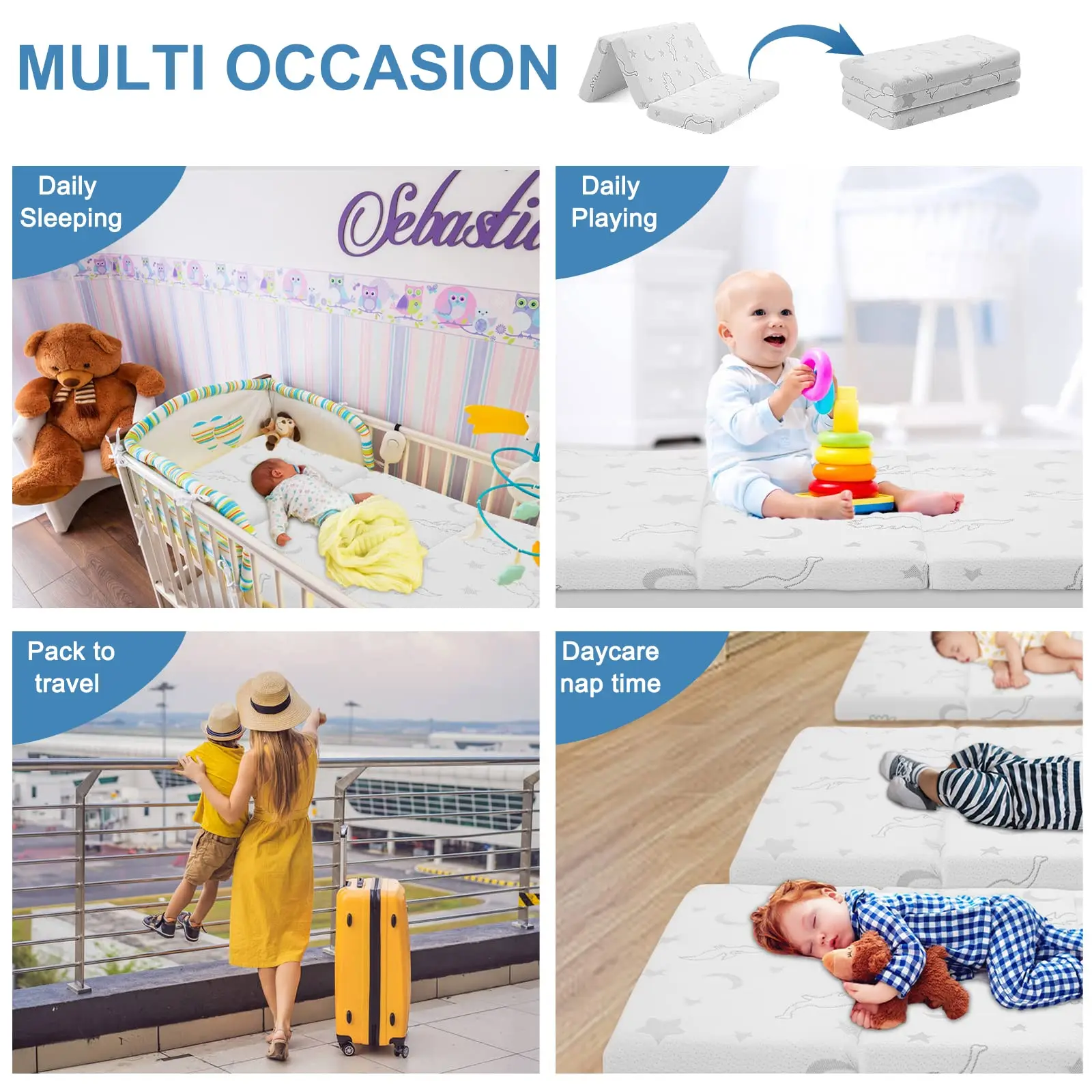 Portable Trifold Pack and Play Mattress Pad Folding Playard Gel Memory Foam Waterproof Crib Mattress