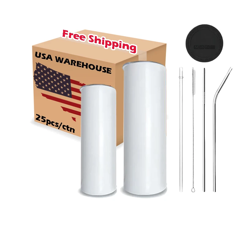 USA US Warehouse Stock White 20oz Straight Skinny Sublimation Blanks Stainless Steel Tumblers Cups with Straw and Rubber Bottom