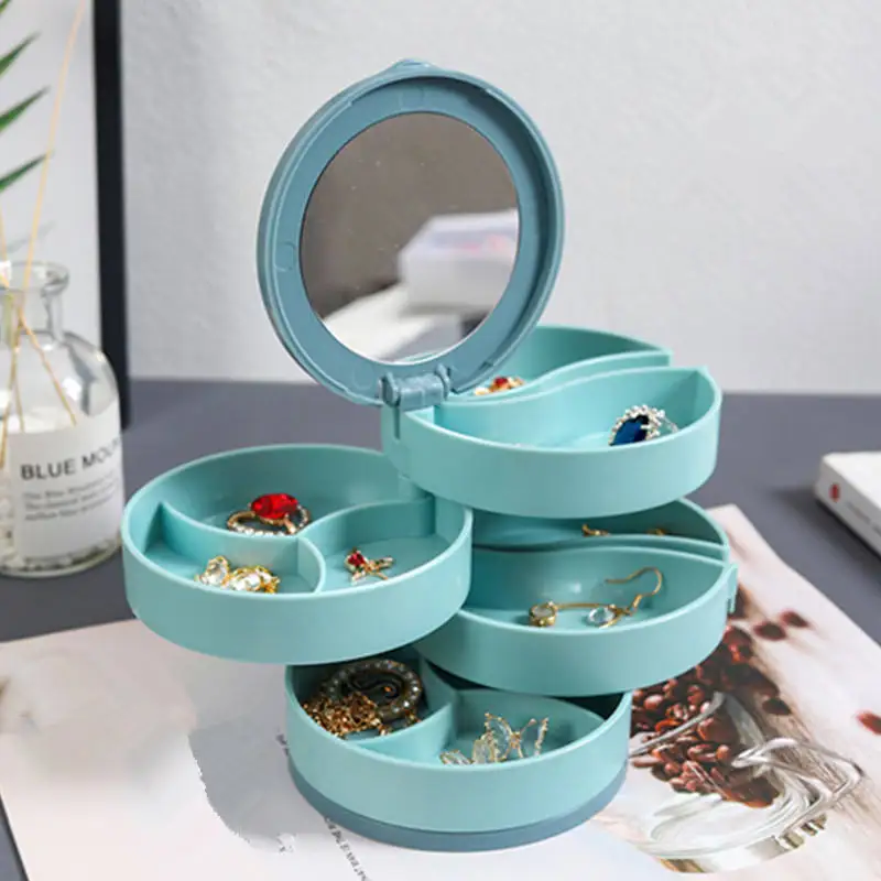 hot sale Rotating Jewelry Storage Box Cosmetics Organizer with Mirror Earring Ring Jewelry Casket
