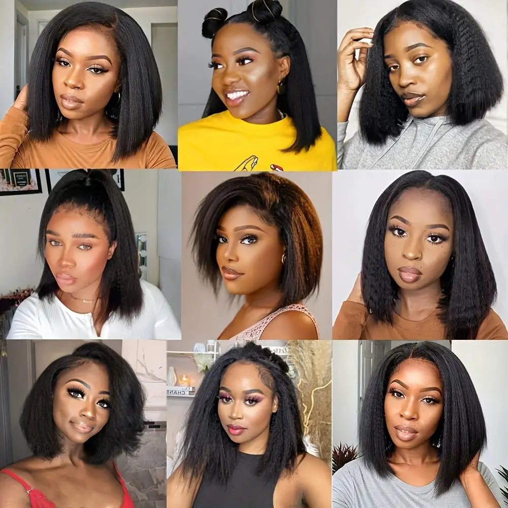 Kinky Straight Human Hair Wigs 10 Inch Yaki Straight Bob Wig 100% Human Hair Lace Front Wigs