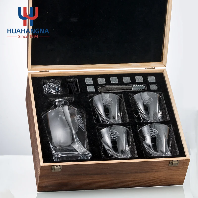 HUAHANGNA Custom Engraved Whiskey Decanter and 4 Old Fashioned Heavy Base Rock Whisky Glasses Set in Gift Box