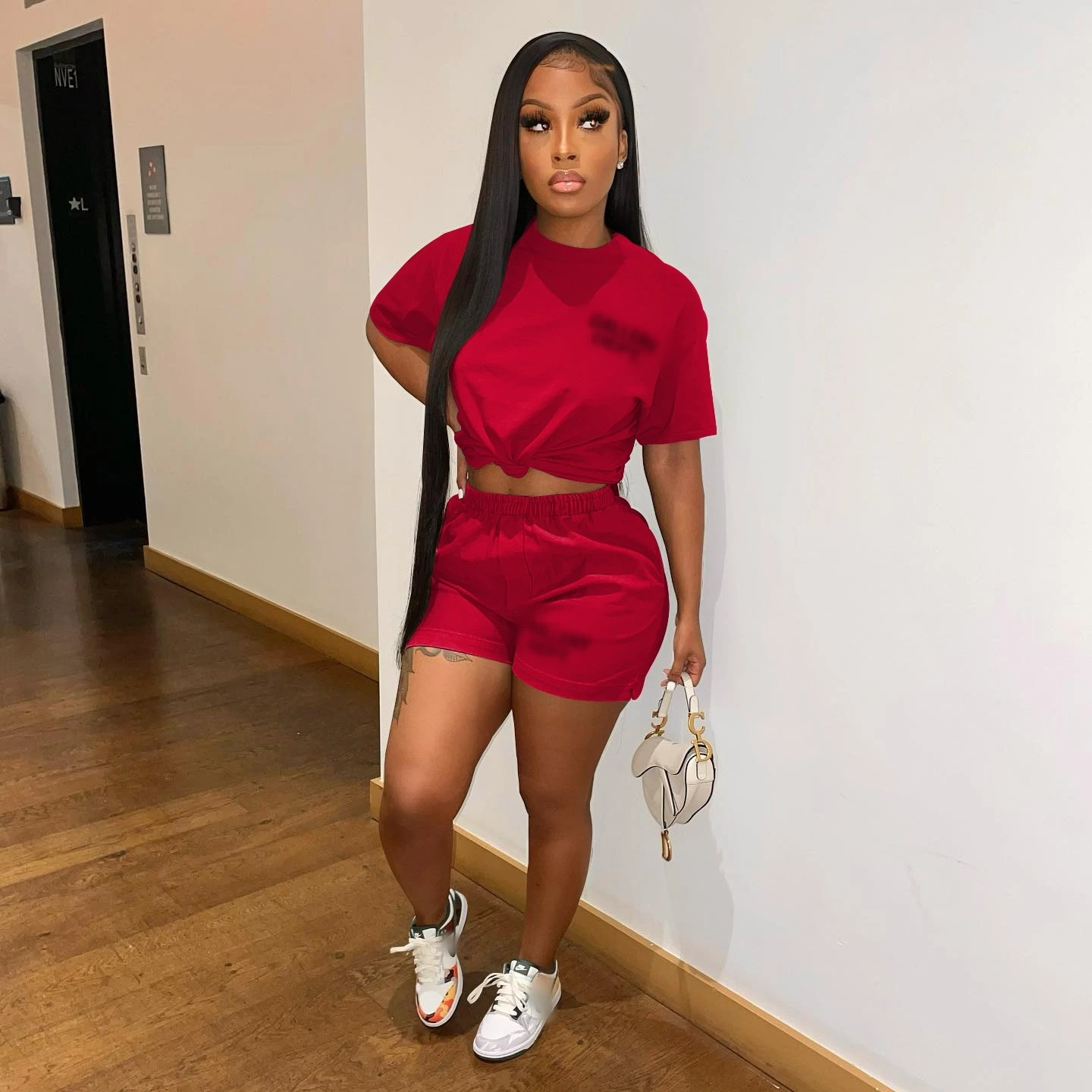 Wholesale designer clothing short sleeve t shirt and short 2 piece set fashion black two piece shorts set for women