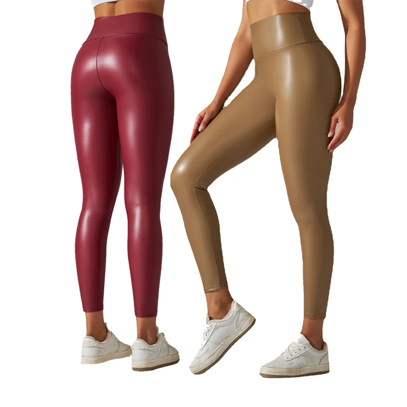 2024 Plus Size Shiny Tight High Waist Yoga Fitness Workout Sexy PU Leather Women Pants Faux Leather Leggings RCY08