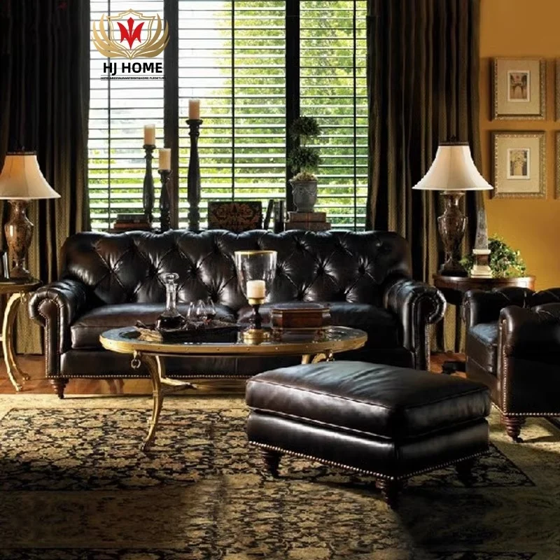 HJ HOME Tufted Deep Button Sofa Set Classic Retro Couch Vintage Grain Leather Upholstered Chesterfield 321 Seat Sofa Set