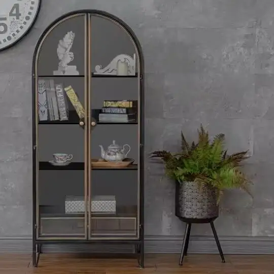 Art crafted Shabby Chic Black Dark Storage Arched Display Cupboard Glass Door 3 Shelf 1 Drawer Cabinet Metal Leg Base bookcase