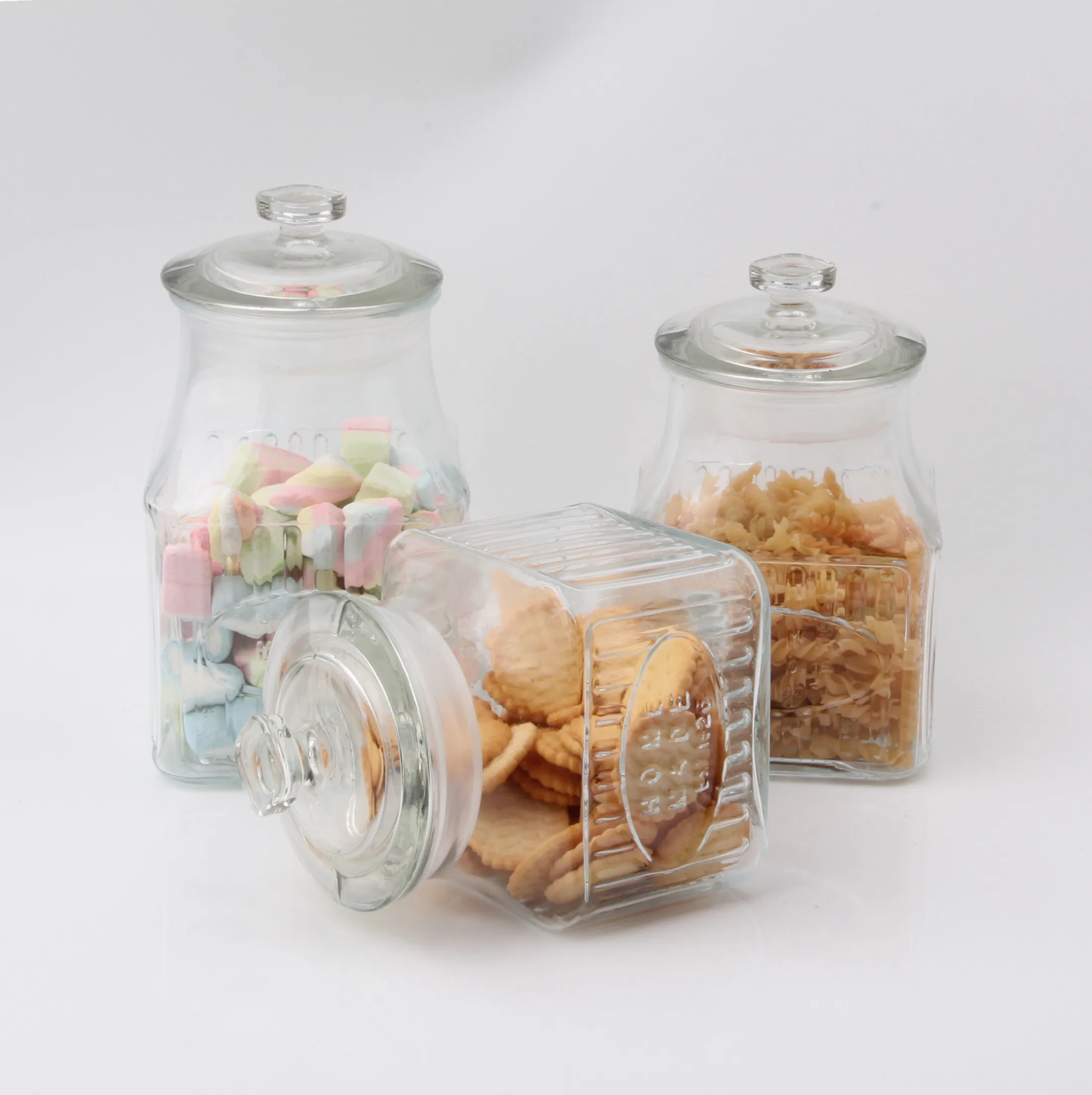 High quality market popular square clear embossed glass storage jars with glass lid kitchen decoration custom food safe