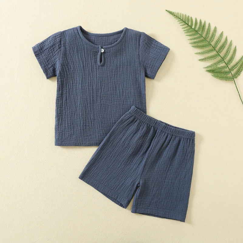 Factory Wholesale Baby Summer Pure Color Suit Baby Double-Decker Gauze Sets Baby Short Sleeve Thin Button Sets