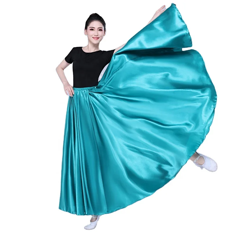 360 Degree Satin Skirt Belly Dance Women Gypsy Long Skirts Dancer Practice Wear Assorted Solid Purple Gold Dance Skirt