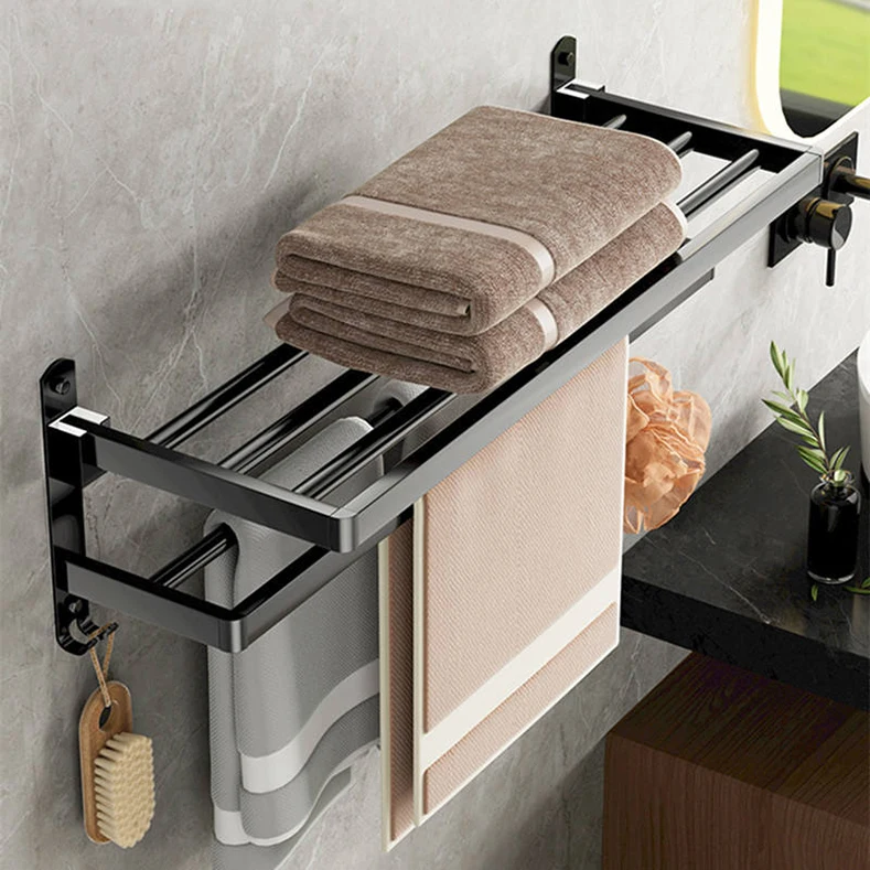 High Quality Steel Towel Rack For Bathroom Punch Free 2 Layer Organizer Rack For Towel Bathroom Towel Rod Wall Mounted
