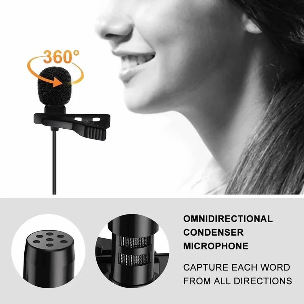 Mini Microphone 1.5m Tie Clip Lavalier Jack/ Right Angle 90 Degree/Straight 3.5MM Mic for Bloggers Speech Live Webcast