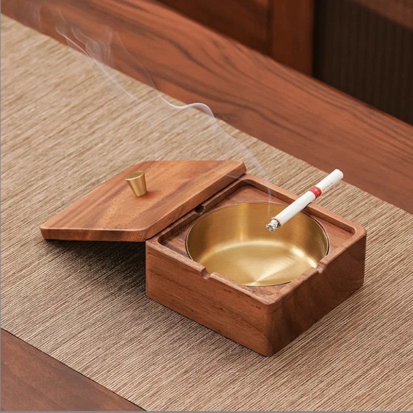 Creative square  personalized Walnut solid wood smoke-proof stainless steel ashtray bin with lid