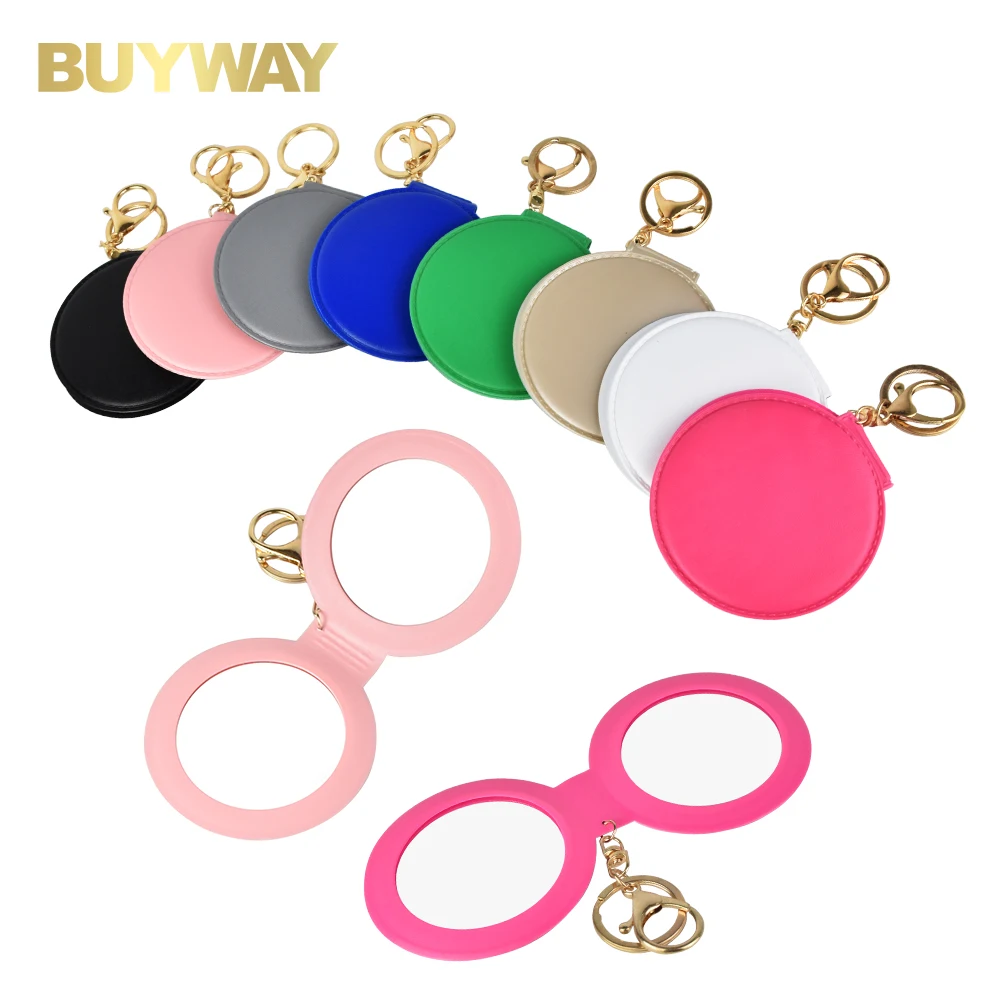 Wholesale OEM Handheld PU Leather Mirror Private Label Cosmetic Compact Round Pocket Mirror Travel Small Portable Makeup Mirror