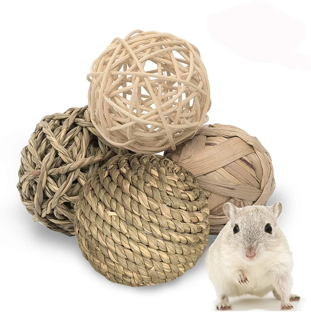 Farms Select 4pcs Pack Small Animal Activity Toy Hand Woven Grass Ball Chew Toy for Rabbits Cats Hamsters Gerbils