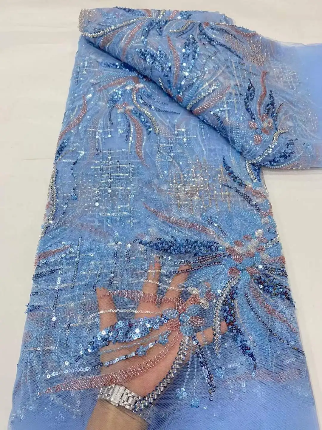 Two-color heavy industry sequin bead embroidery fabric European and American wedding dress  fashion embroidery fabric