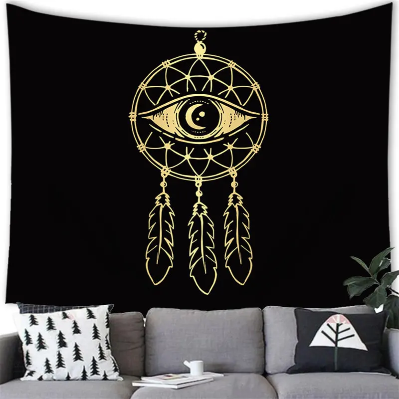 80W X 60L Inches Sacred Spirituality Esoteric Collection Aesthetic Sun and Moon Gold Eagle Black Tapestry for Bedroom
