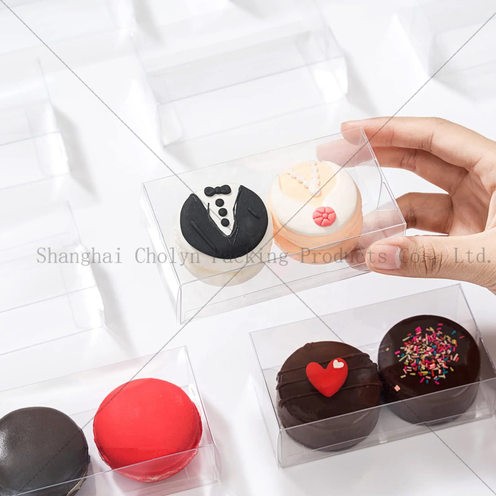 Customized printing candy chocolate pie cake packaging counter retail clear pet material plastic display box
